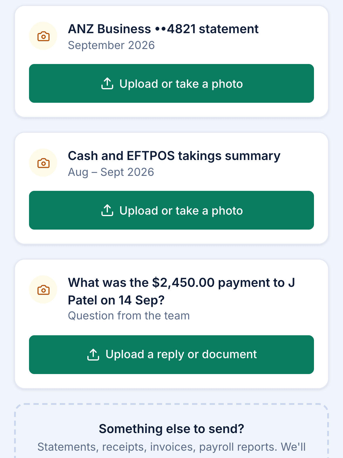 Client upload page with separate upload buttons for a bank statement, cash takings, and a question from the team
