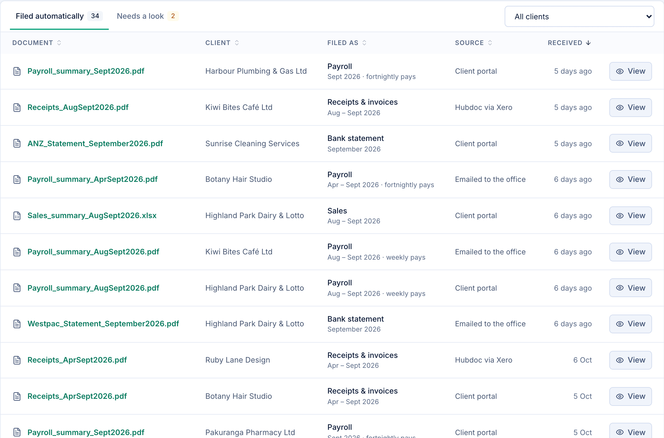 The documents list showing files organised by client, document type, and collection period