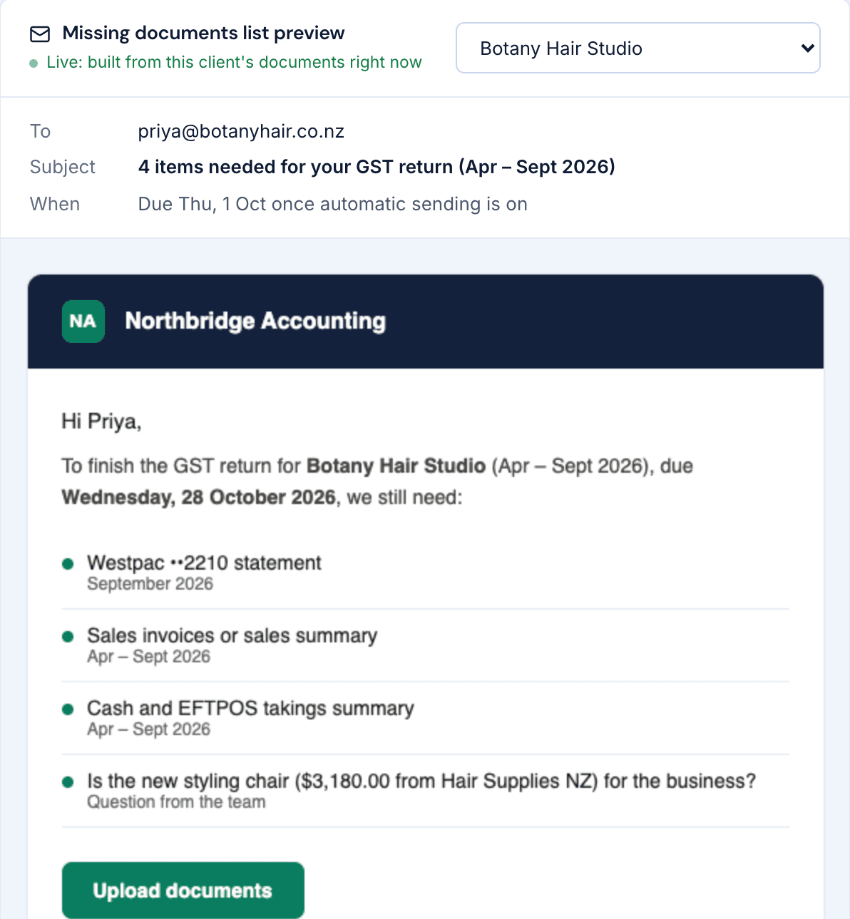 A client reminder email listing the outstanding documents and a private upload link