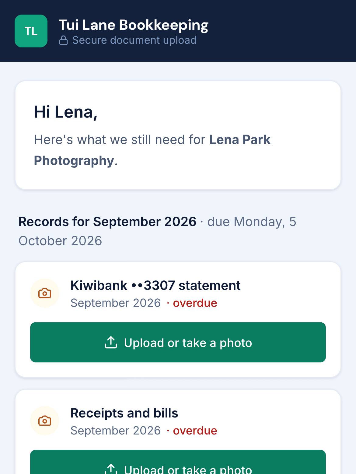 Client upload page listing last month's records still to send