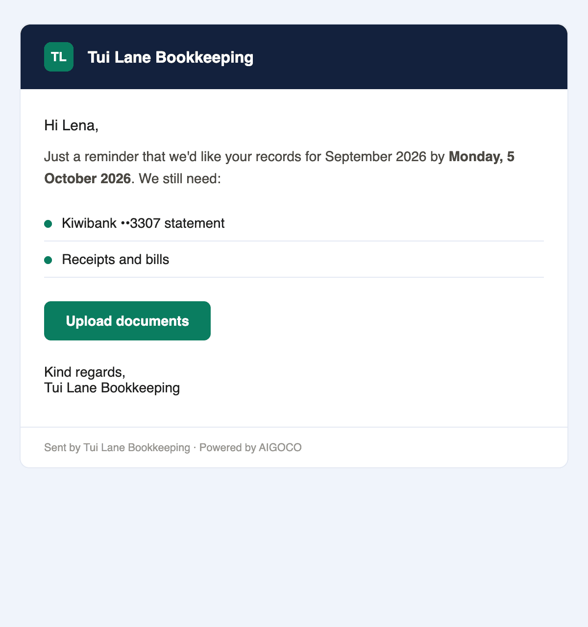A client reminder email listing last month's outstanding records and a private upload link